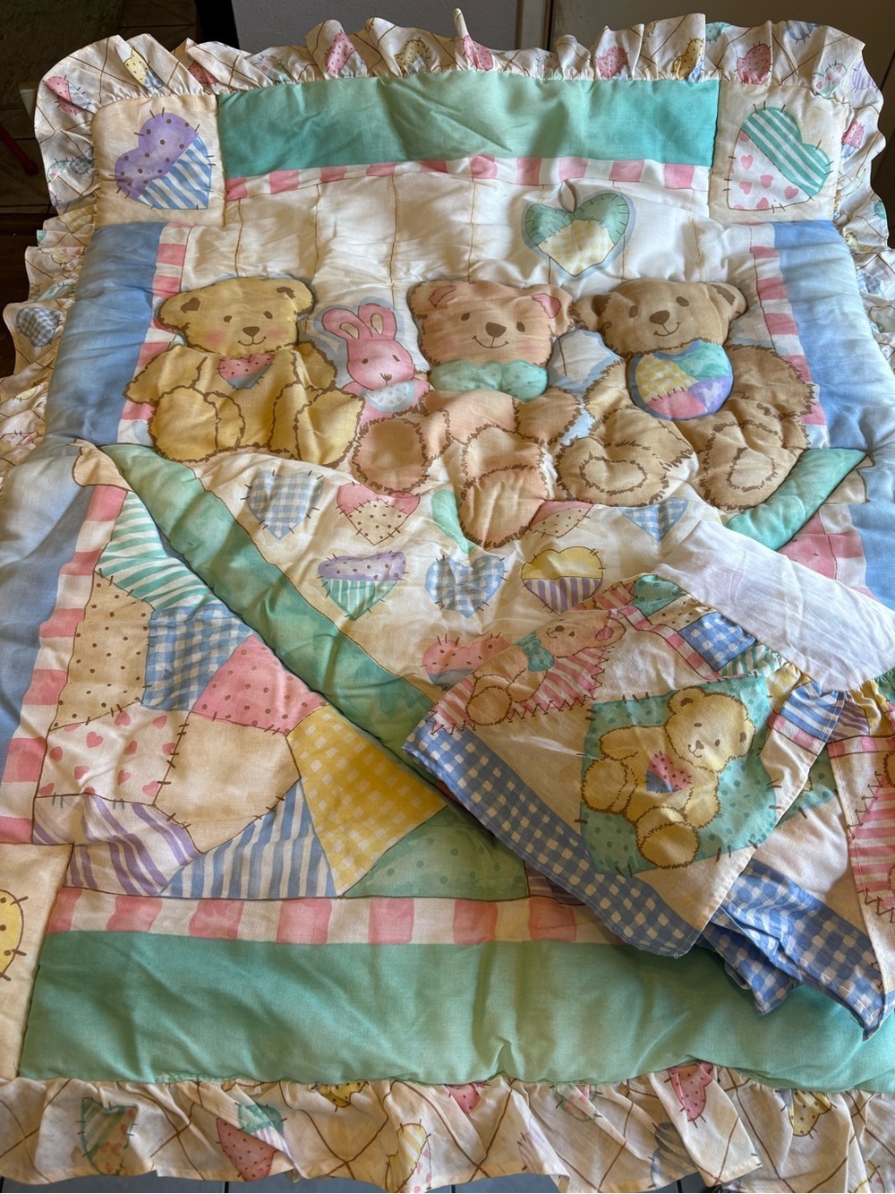 Teddy Bear Bunny Baby Comforter Pastel Patchwork Ruffle Quilt Bed Skirt Set